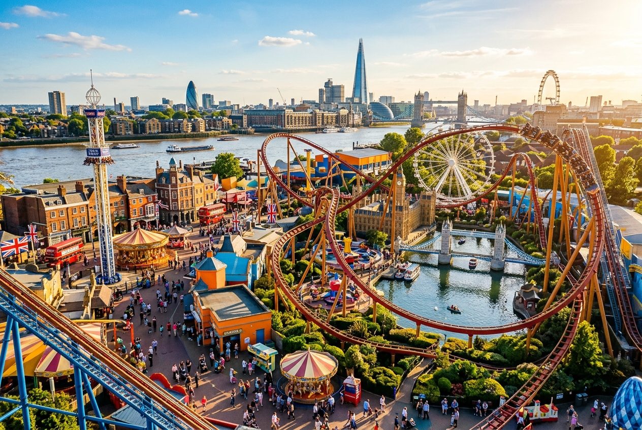 London's greatest theme parks from above on a sunny day